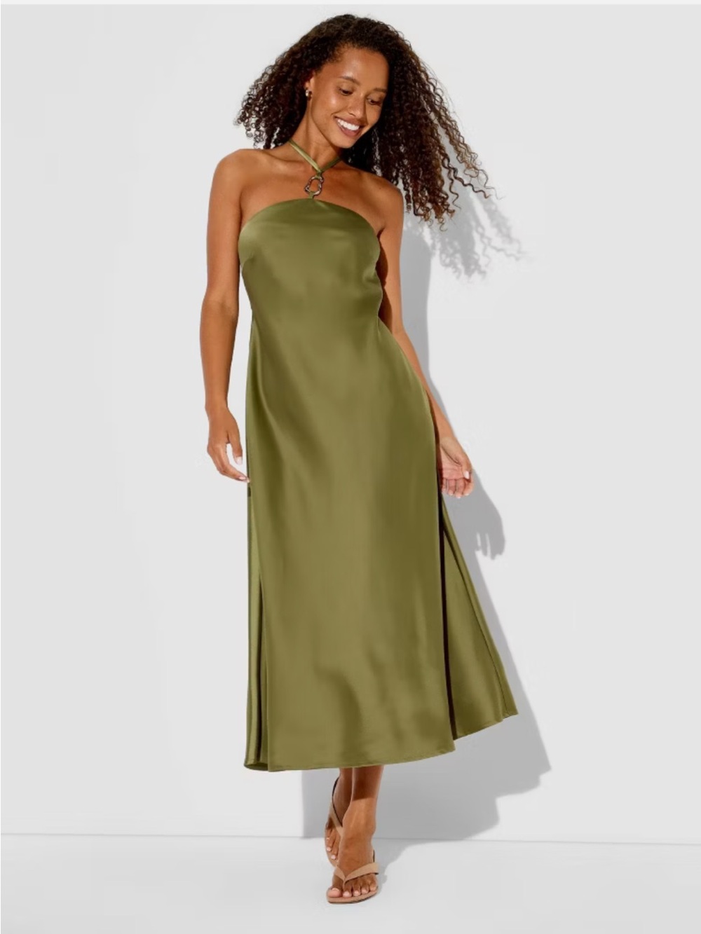 NWOT Wild Fable Satin Maxi Halter Dress - Olive Green XS